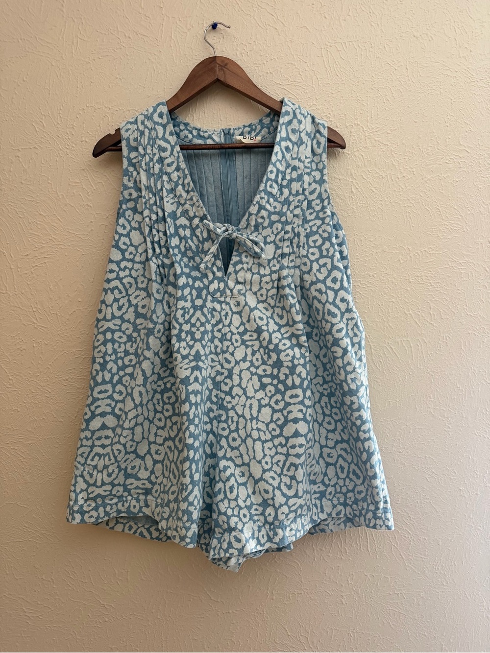BiBi Roam Free + Stylishly “The Sara Kay” Leopard Washed Denim Romper | Small